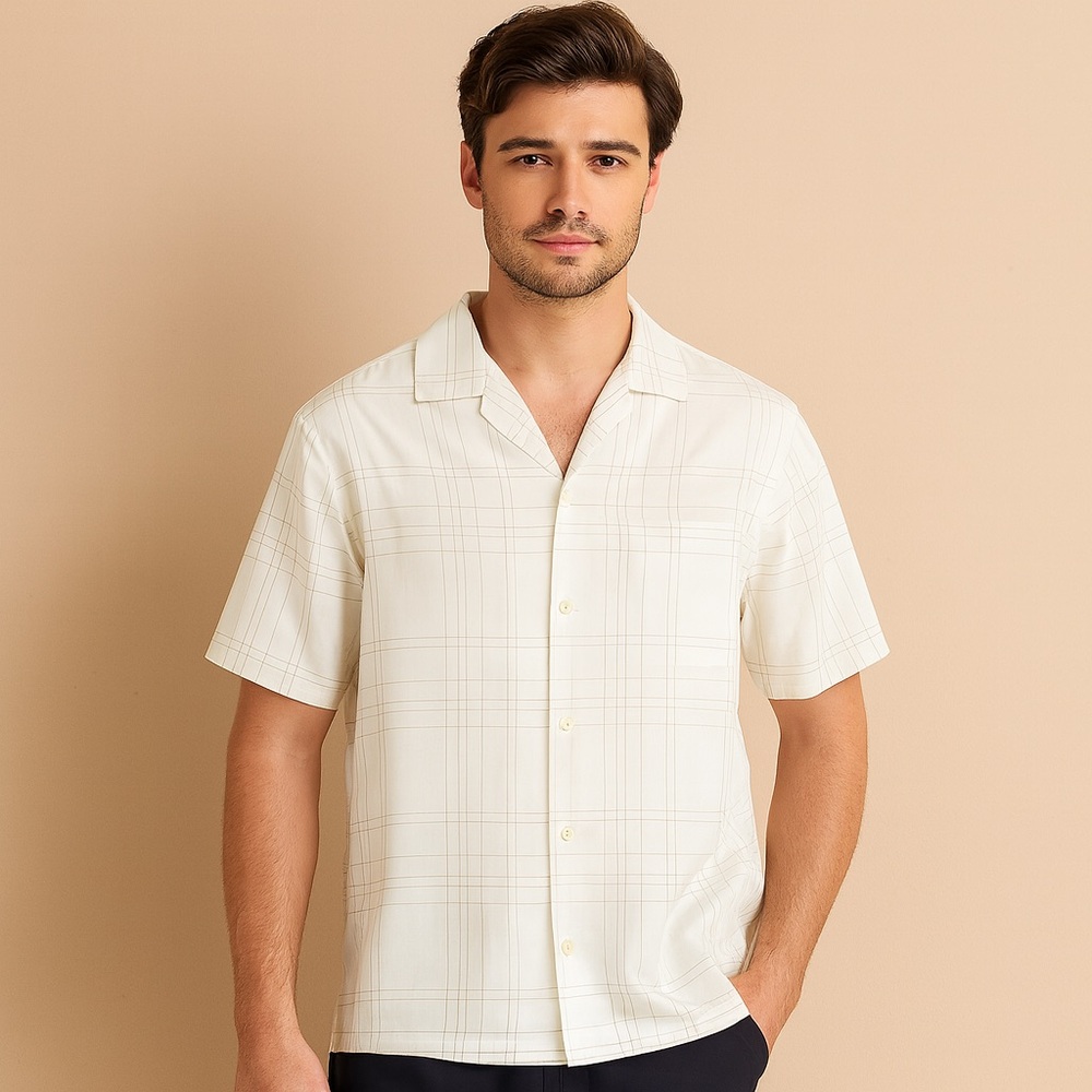 Theory NEW Camp-Collar Noll Check Shirt Ivory Baltic Flow Grid‎ size XL